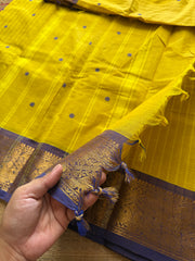 RF255 Mustard Yellow shade vintage Vanasingaram border Kanchi Cotton Saree with striped pattern & handmade thread buttas