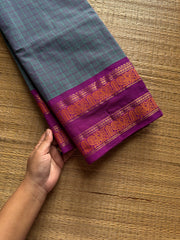 RF1249 Vintage Kattam ~ Greyish ice blue Premium Kanchi Cotton Saree with Minimal Zari & checks pattern