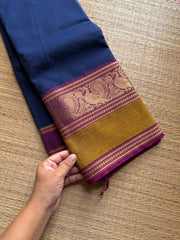 RF1003 Blue ~ Kanchi cotton saree with Annam pattern gap border