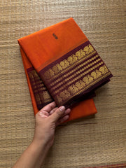 RF550 Orange with maroon Kanchi cotton saree with handmade thread buttas