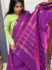 RF1235 Monotone magenta pink shade Kanchi cotton saree with Korvai Vaira Oosi thread vertical lines pattern with vintage Rettapet border