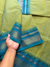 RF188 Apple green shade with contrast sky blue combination medium size Kanchi cotton saree