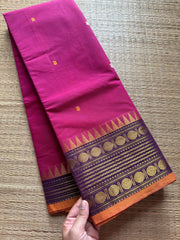 RF378 Magenta pink shade Kanchi cotton saree with unique border and handmade thread buttas