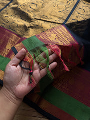 RF1254 Premium Rich Pallu Kanchi Cotton Saree ~Black shade with pink and green combination Annam & mango pattern Zari woven border