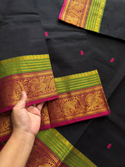 RF494 Black Kanchi Cotton Saree With Contrast Green & Pink combination Annam and elephant pattern border & handmade thread buttas