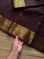 RF1337 Deep coffee brown ~ Premium Kanchi cotton saree with Vanasingaram border and handmade golden zari buttas