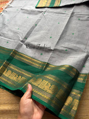RF107 Grey With contrast Green combination Kanchi cotton saree with Handmade thread buttas