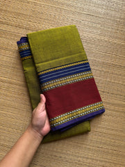 RF490 Green with royal blue combination vintage style gap border mercerised Narayanpet cotton saree