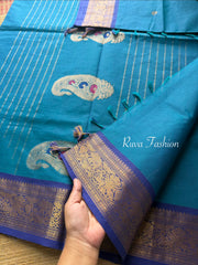 Peacock blue with royal blue shade Premium 120 count Kanchi Cotton Saree With Unique Vanasingaram Border and simple zari woven mango Motif Pallu
