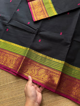 RF494 Black Kanchi Cotton Saree With Contrast Green & Pink combination Annam and elephant pattern border & handmade thread buttas