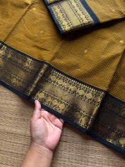 RF1340 Podi Kattam Edition ~ Mustard with black combination Kanchi cotton saree with handmade thread buttas