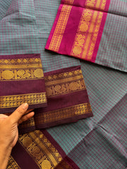 RF621 Ganga Jamuna Border Checks Pattern Kanchi Cotton Saree ~ Dual tone blue