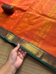 RF330 Orange with green combination small border Kanchi cotton saree with handmade golden Zari Buttas
