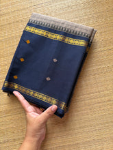 RF515 Grey with navy blue combination Vintage Border Kanchi Cotton Saree with kattam / checks pattern & handwoven Buttas on the border