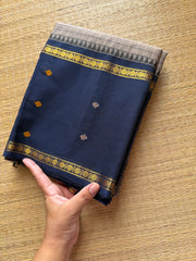 RF515 Grey with navy blue combination Vintage Border Kanchi Cotton Saree with kattam / checks pattern & handwoven Buttas on the border