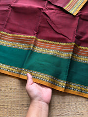 RF487 Maroon with green combination vintage style gap border mercerised Narayanpet cotton saree