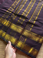 RF466 Monotone dark coffee brown shade Kanchi cotton saree annam pattern gap / Rettapet border