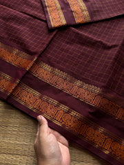 RF1252 Vintage Kattam ~ Deep Maroon shade Premium Kanchi Cotton Saree with Minimal Zari & checks pattern