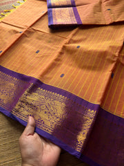 RF359 Dual tone Mango shade with purple combination Kanchi cotton saree with Vanasingaram pattern border & handmade golden Zari Buttas