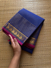 RF355 Royal Blue Shade Vaira Oosi Kanchi Cotton Saree With Small Contrast Mango Border