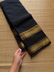 RF717 Monotone black Kanchi cotton saree with Annam pattern gap border