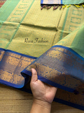RF497 Dual tone Apple green with royal blue combination Premium rich Zari woven Pallu Kanchi cotton saree with fully Vairaoosi pattern