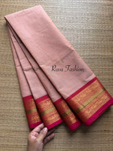 Pastel Pink Shade With Contrast pink Zari border Kanchi cotton saree with handmade golden Zari Buttas