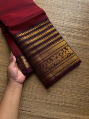 RF1038 Reddish maroon with brown ~ Silk Saree Inspired Varisaipet big / long border Kanchi cotton saree
