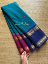 Peacock Blue shade Kanchi cotton Saree With Ganga Jamuna Rettapet border