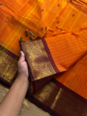 RF1073 Orange with maroon Vanasingaram border Kanchi cotton saree with handmade thread buttas and vertical stripped lines