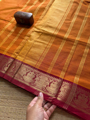 RF194 Orange shade with contrast maroon combination traditional Korvai style border Kanchi cotton saree with vaira Oosi pattern