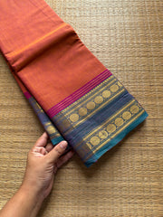 RF769 Dual tone orange shade Kanchi cotton saree with multi color border