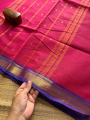 RF334 Magenta pink with violet combination small border Kanchi cotton saree with handmade golden Zari Buttas