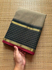 RF376 Grey with black combination vintage border Kattam / checks pattern Kanchi cotton saree