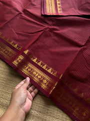 RF1386 Monotone Deep Maroon ~ Small border Kanchi cotton saree with thread weaving stripped lines pattern