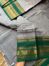 RF107 Grey With contrast Green combination Kanchi cotton saree with Handmade thread buttas