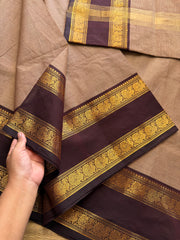 RF245 Biscuit shade with brown combination silk saree inspired Kanchi cotton Rettapet border saree with Annam pattern