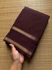 RF517 Monotone deep Coffee brown shade Kanchi cotton saree with Korvai Vaira Oosi thread vertical lines pattern with vintage Rettapet border