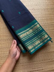 RF797 Navy blue with teal blue combination Kanchi cotton saree with handmade thread buttas