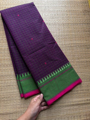 RF386 Deep purple shade soft Kanchi cotton saree with Kattam / checks pattern & handmade thread buttas