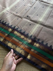 RF734 Grey shade Kanchi cotton saree with multi color contrast Thazhampoo pattern border and handmade thread buttas