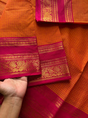 RF587 Orange with pink combination Kattam / checks pattern Kanchi cotton saree with floral pattern contrast border