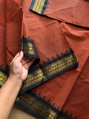 RF920 Rust orange with black ~ Vintage Podi Kattam Kanchi cotton saree with small border