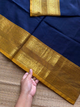 RF1057 Navy blue with mustard combination gap border Kanchi cotton saree