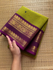 RF369 Green with contrast purple combination mango and floral pattern border Kanchi cotton saree with handmade thread buttas