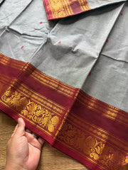 RF609 Grey with maroon combination Kanchi cotton saree with unique floral type border and handmade thread buttas