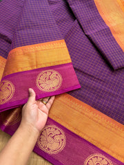 RF170 Purple shade Kattam / checks pattern Kanchi cotton saree with contrast zari & thread woven border