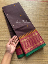 Brown shade Kanchi cotton saree with unique contrast border and handmade thread buttas