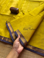 RF82 Lemon yellow with contrast small Zari border Kanchi cotton saree