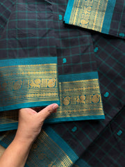 RF586 Black with teal blue combination Kanchi Kattam / checks pattern saree with handmade thread buttas